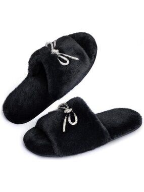 Women's Black Faux Fur Fuzzy House Slippers with Rhinestone Bow knot Non Slip